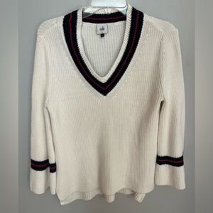 CAbi White V-Neck Sweater with‎ Navy and Red Trim